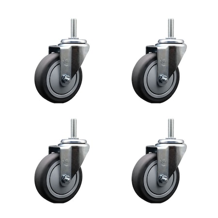 Service Caster 4 Inch Thermoplastic  Rubber Wheel Swivel 58 Inch Threaded Stem Caster Set Service Caster SCC-TS20S414-TPRB-58212-4